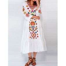 Ethnic Women V-neck Long Sleeve Floral Print Holiday Bohemian Pleated Maxi Dress