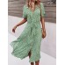 Floral Print Lapel Button Knotted Short Sleeve Dress For Women