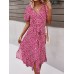 Floral Print Lapel Button Knotted Short Sleeve Dress For Women