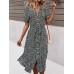 Floral Print Lapel Button Knotted Short Sleeve Dress For Women