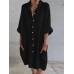 Women 100% Cotton Side Pockets Shirt Solid Buttons Lapel Midi Dresses