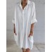 Women 100% Cotton Side Pockets Shirt Solid Buttons Lapel Midi Dresses