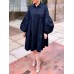 Women Cotton Solid Color Lapel Puff Sleeve Pleated Casual Shirt Dress