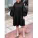 Women Cotton Solid Color Lapel Puff Sleeve Pleated Casual Shirt Dress