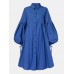 Women Cotton Solid Color Lapel Puff Sleeve Pleated Casual Shirt Dress