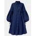 Women Cotton Solid Color Lapel Puff Sleeve Pleated Casual Shirt Dress