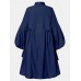 Women Cotton Solid Color Lapel Puff Sleeve Pleated Casual Shirt Dress