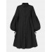 Women Cotton Solid Color Lapel Puff Sleeve Pleated Casual Shirt Dress