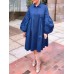 Women Cotton Solid Color Lapel Puff Sleeve Pleated Casual Shirt Dress