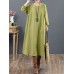 Women Cotton Solid Tie Back Round Neck Long Sleeve Casual Midi Dresses