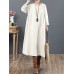 Women Cotton Solid Tie Back Round Neck Long Sleeve Casual Midi Dresses