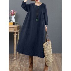 Women Cotton Solid Tie Back Round Neck Long Sleeve Casual Midi Dresses