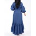 Women Denim Irregular Ruffle Hem Puff Sleeve Belted V-Neck Midi Dress