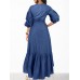 Women Denim Irregular Ruffle Hem Puff Sleeve Belted V-Neck Midi Dress