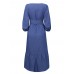 Women Denim Irregular Ruffle Hem Puff Sleeve Belted V-Neck Midi Dress