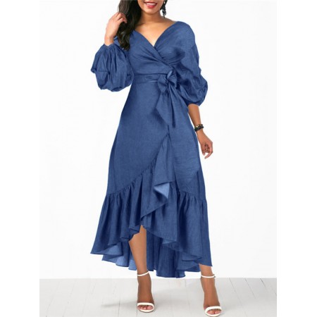 Women Denim Irregular Ruffle Hem Puff Sleeve Belted V-Neck Midi Dress