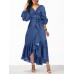 Women Denim Irregular Ruffle Hem Puff Sleeve Belted V-Neck Midi Dress