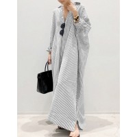 Women Long Sleeve Solid Color Striped Ankle Length Lapel Collar Midi Dresses