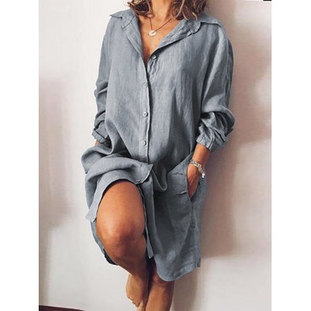 Women Loose Casual Long Sleeve V-neck Button Pocket Shirt Dress