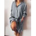 Women Loose Casual Long Sleeve V-neck Button Pocket Shirt Dress