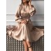 Women Puff Sleeve O-Neck Solid Pleated Casual Stylish Fitting Dress