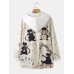 Women Cartoon Music Cat Print Zipper Front Long Sleeve Thick Hooded Coat