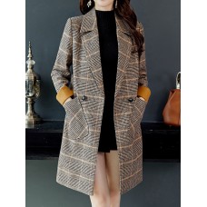 Women Classic Plaid Double Breasted Long Sleeve Coat With Pocket