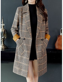 Women Classic Plaid Double Breasted Long Sleeve Coat With Pocket