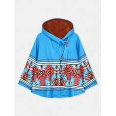 Women Ethnic Pattern Print Button Woolen Hooded Long Sleeve Casual Coat