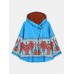 Women Ethnic Pattern Print Button Woolen Hooded Long Sleeve Casual Coat