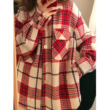 Women Plaid Warm Chest Double Pocket Long Sleeve Single-Breasted Coats