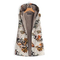 Women Sleeveless Zipper Floral Print Vest Outerwear Hooded Coats