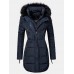 Women Solid Color Multi Pocket Zipper Front Faux Fur Collar Hooded Coat