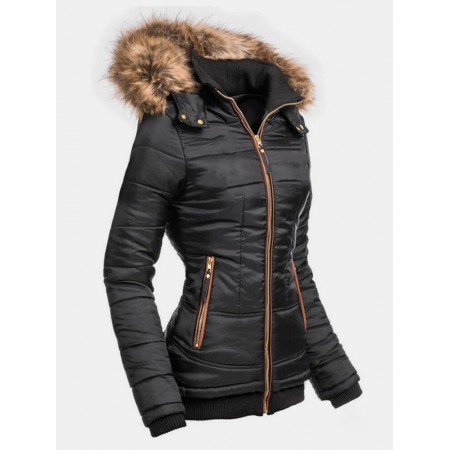 Women Solid Color Zipper Faux Fur Collar Hooded Coat With Pocket