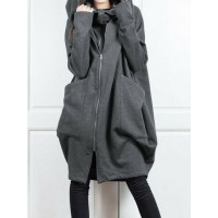 Women Solid Zip Front Fakes 2pcs Pocket Hooded Casual Coat