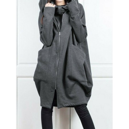 Women Solid Zip Front Fakes 2pcs Pocket Hooded Casual Coat