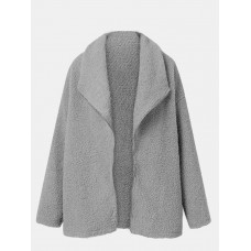 Women Teddy Velvets Loose Casual Solid Spliced Large Lapel Lining Long Sleeve without Pockets Leisure Coat