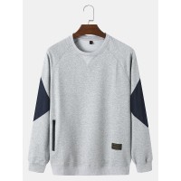 Men Cotton Geometric Patchwork Round Neck Pullover Sweatshirt