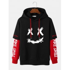 Men Faux Two Pieces Letter Drawstring Casual Hooded Sweatshirt