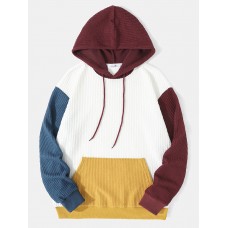 Men Knitted Patchwork Drawstring Kangaroo Pocket Hooded Sweatshirt