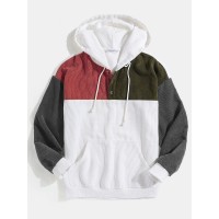 Mens Corduroy Patchwork Half Button Pouch Pocket Drawstring Hoodies