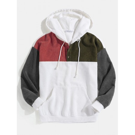 Mens Corduroy Patchwork Half Button Pouch Pocket Drawstring Hoodies