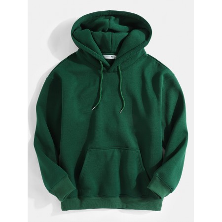 Mens Green Long Sleeve Drawstring Hoodies With Kangaroo Pocket