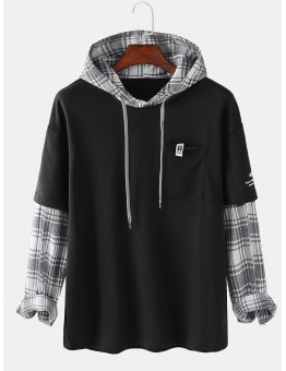 Mens Patchwork Plaid Contrast Faux Twinset Casual Drawstring Hoodies With Pocket