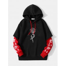 Mens Splicing False Two Rose Printing Japanese Letter Hoodies