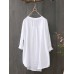 100% Cotton O-Neck High Low Front Pockets Casual Loose Shirt For Women