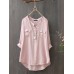 100% Cotton O-Neck High Low Front Pockets Casual Loose Shirt For Women