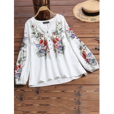 Casual Floral Print V-neck Long Sleeve Elastic Cuffs Ethnic Style Loose Button Blouse