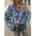 Ethnic Floral Print V Neck Long Sleeved Bohemian Shirts For Women