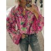 Ethnic Floral Print V Neck Long Sleeved Bohemian Shirts For Women